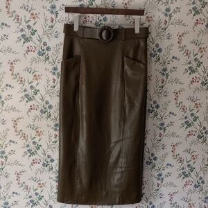 Zara Belted Leather Pencil Skirt Olive Green Size Small